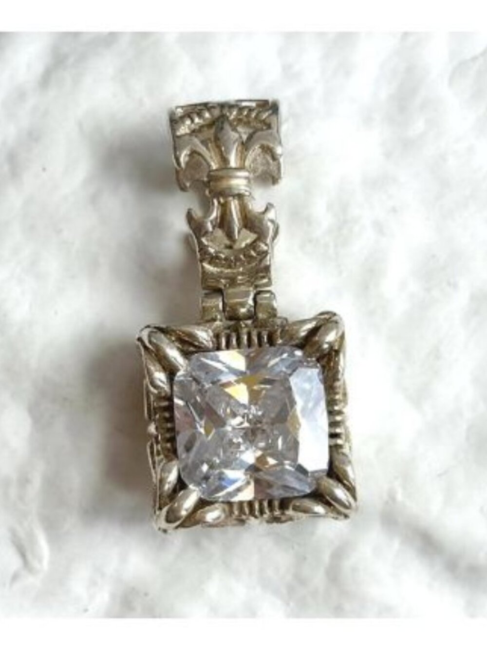 Fleur De Lis Ornate Cubic Zirconia Gemstone Sterling Silver 925 Vintage Pendant